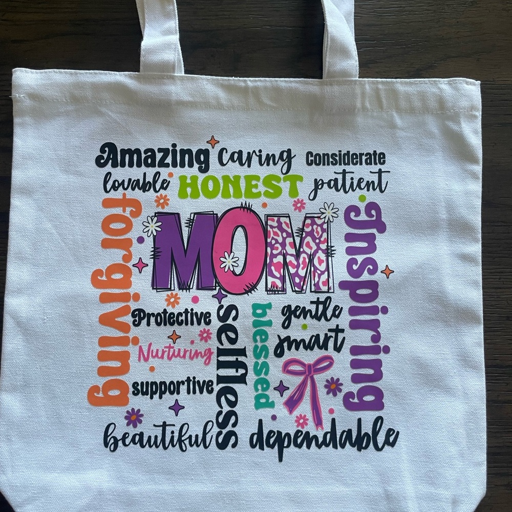 Hobby Lobby White Tote Bag with Pink Purple Orange Green Text "MOM"